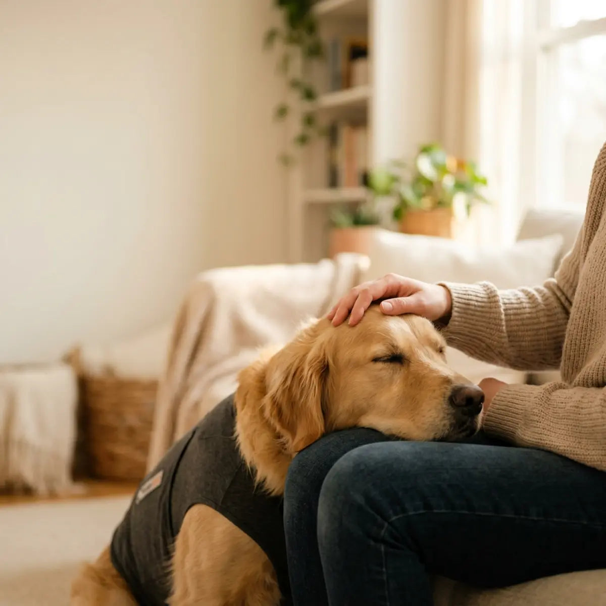 Golden retriever resting beside a person while wearing a dark comfort garment
