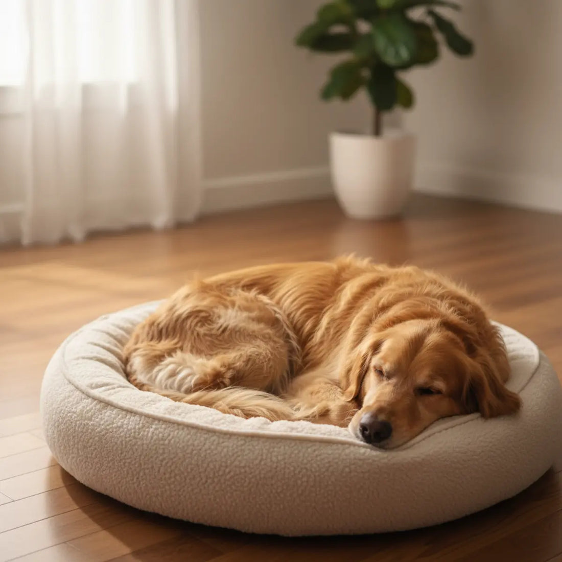 Golden retriever curled up in a round bolster dog bed
