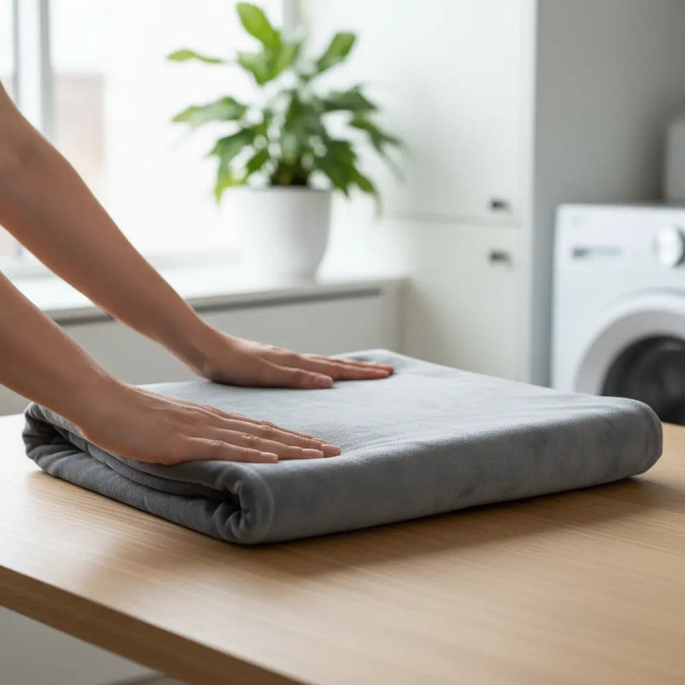 Mãos a pressionar uma cama cinzenta para cães sobre uma mesa numa lavandaria