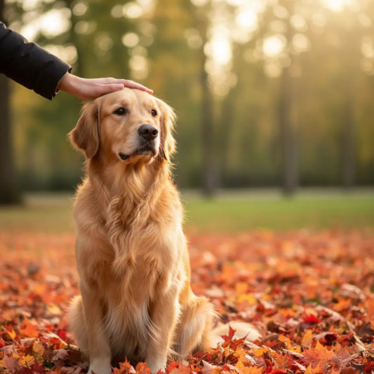 Retriever dorato seduto accanto al suo proprietario tra le foglie autunnali
