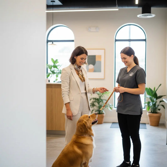 Hundehalter trifft in einem hellen Salon mit einem Golden Retriever auf einen Hundefriseur