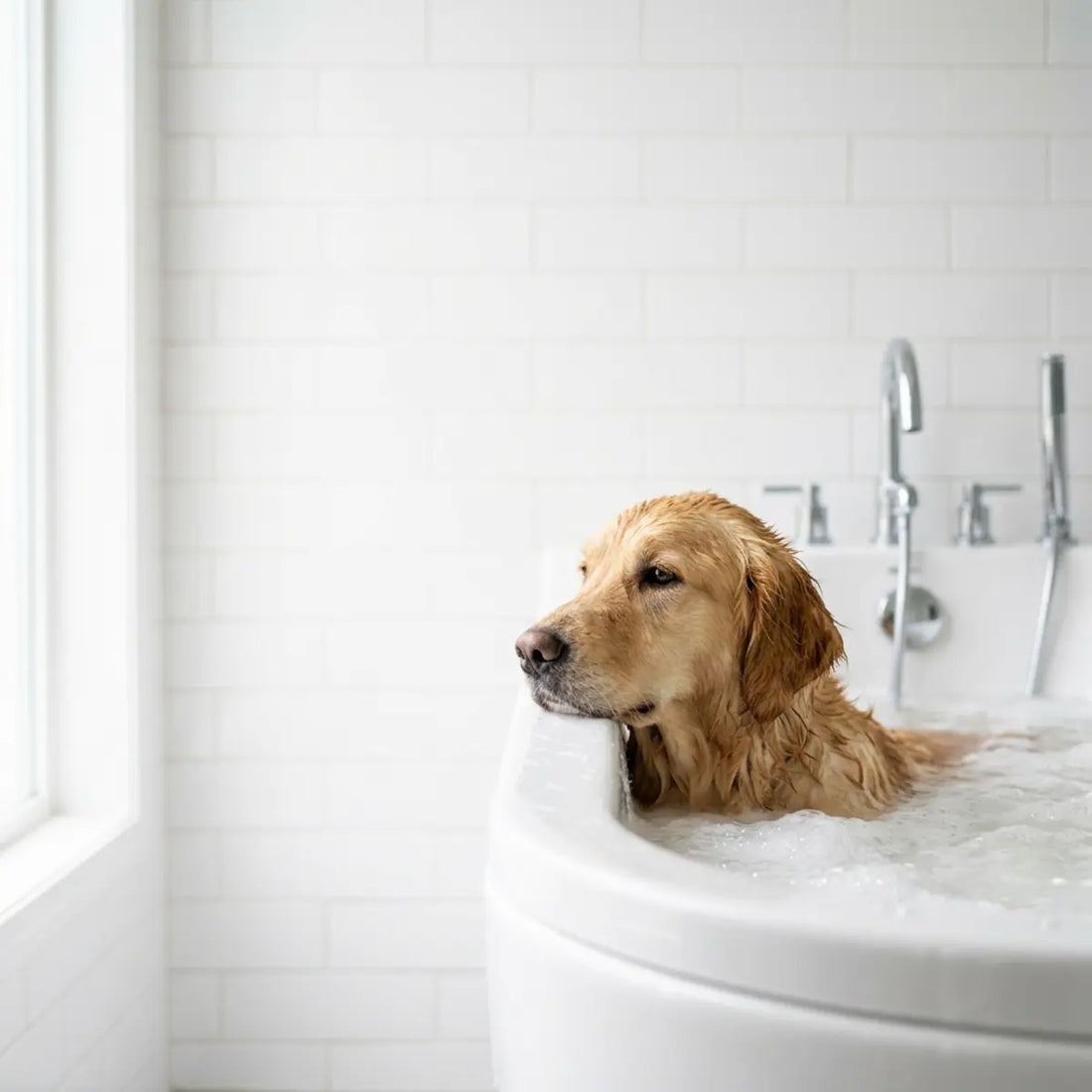 Hund bei einem beaufsichtigten Bad mit ozonisiertem Wasser zur Unterstützung der Hautpflege.