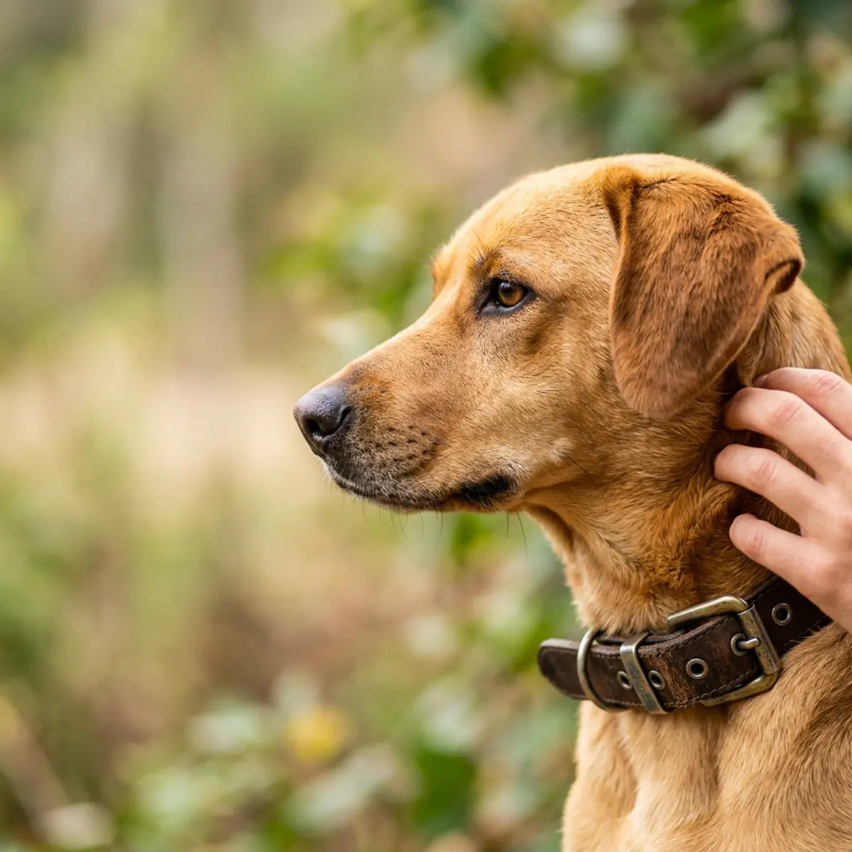 Dog wearing a metal-buckle collar while a person checks the neck area