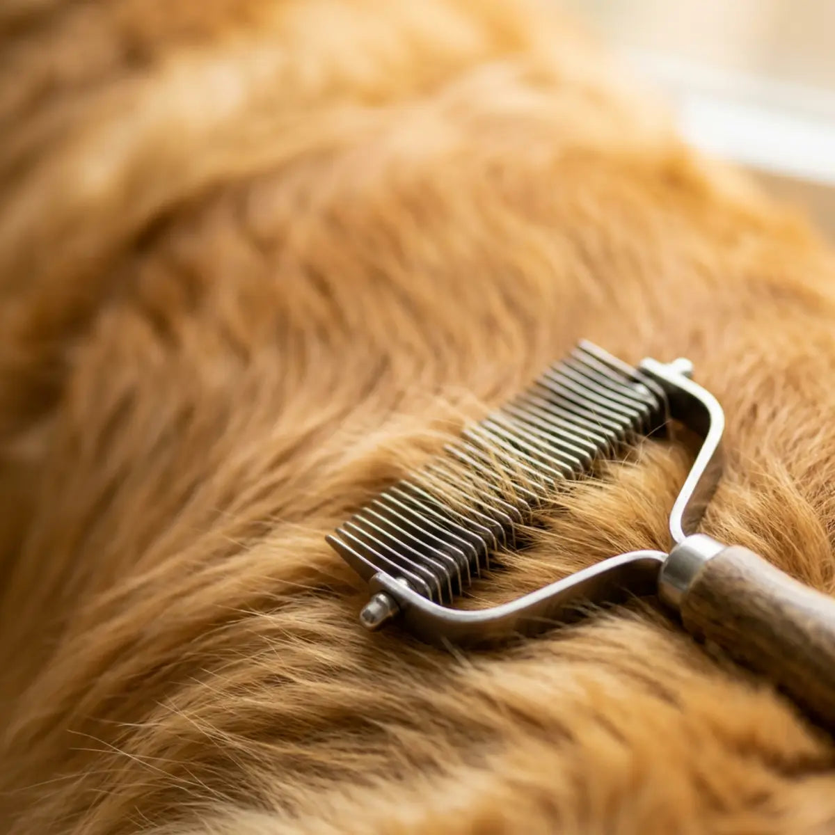 Dog coat with a comb and rake during a grooming session