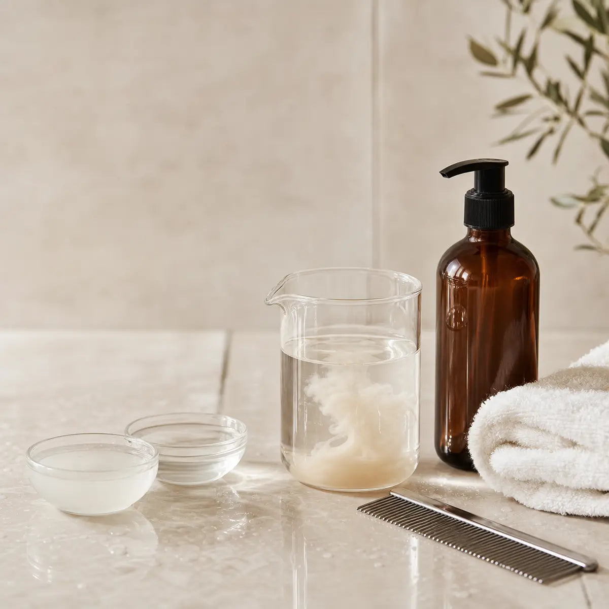 Dog resting beside a shampoo bottle and a measuring cup