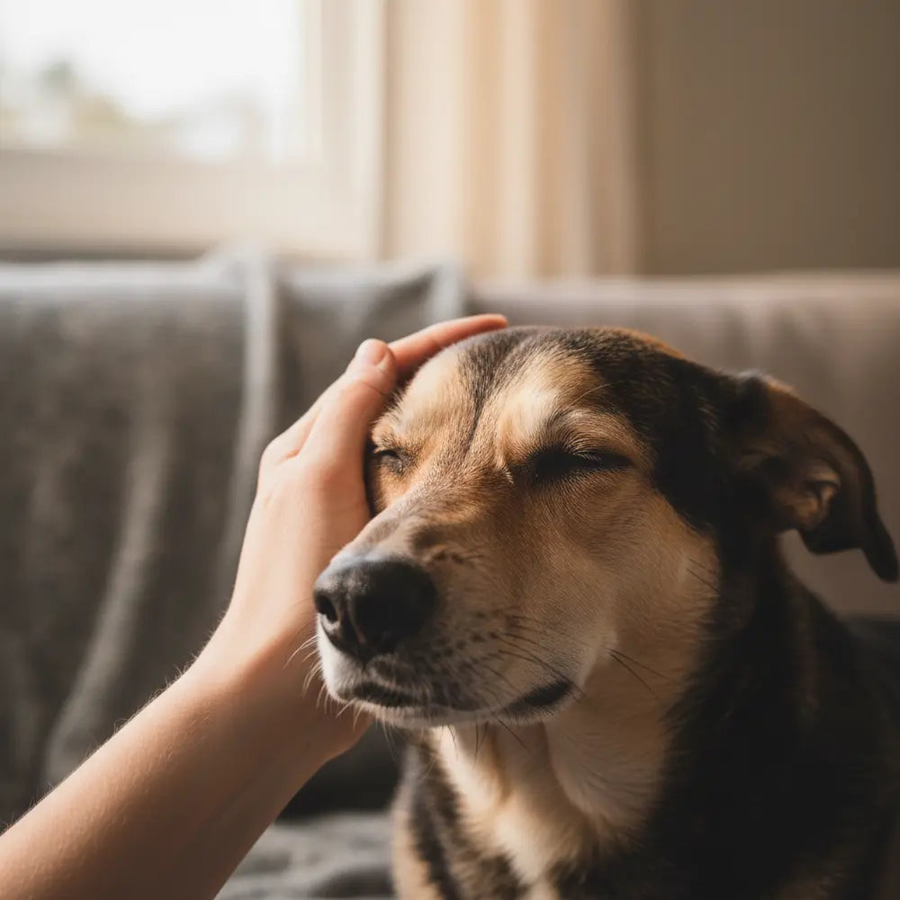 Dog resting with a hand offering gentle calming touch
