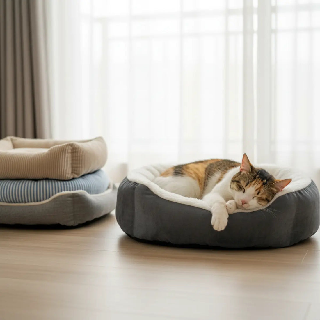 Calico cat sleeping in a cushioned bolster bed