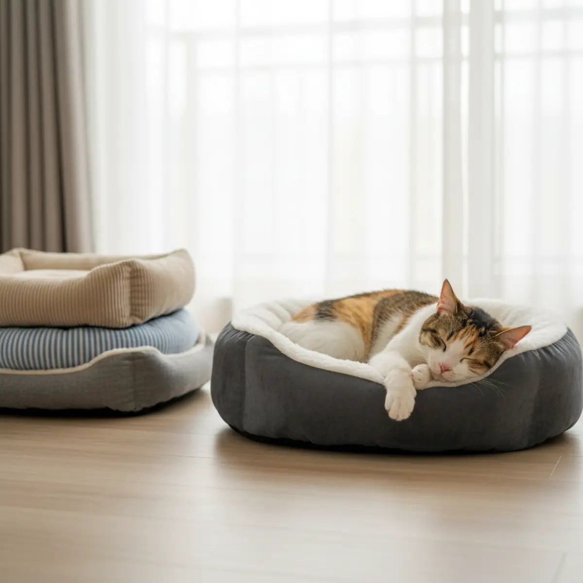 Gata tricolor a dormir numa cama almofadada com rebordo elevado