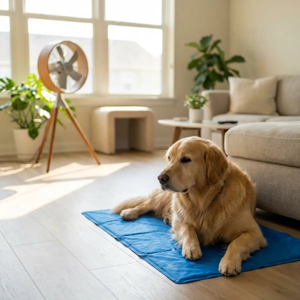 Golden retriever resting on a blue cooling mat beside a floor fan