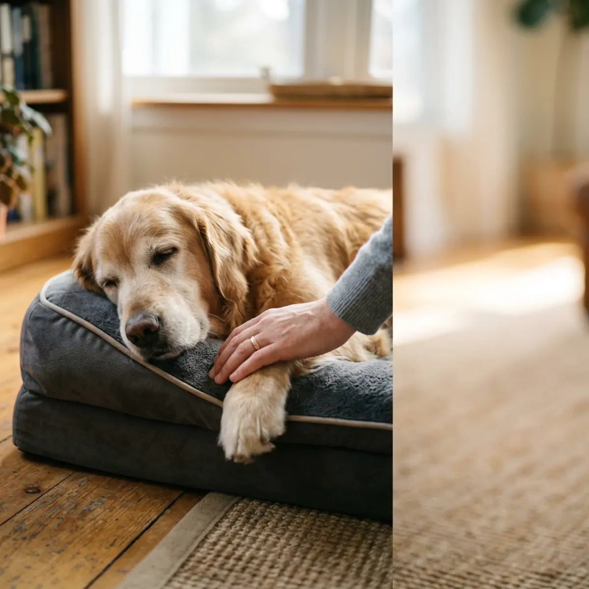 Golden retriever resting on a padded dog bed beside a person’s hand