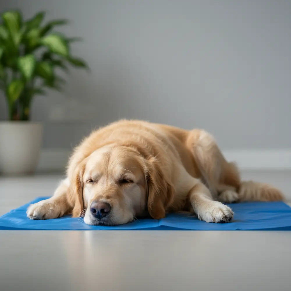 Golden Retriever resting on a blue cooling mat indoors