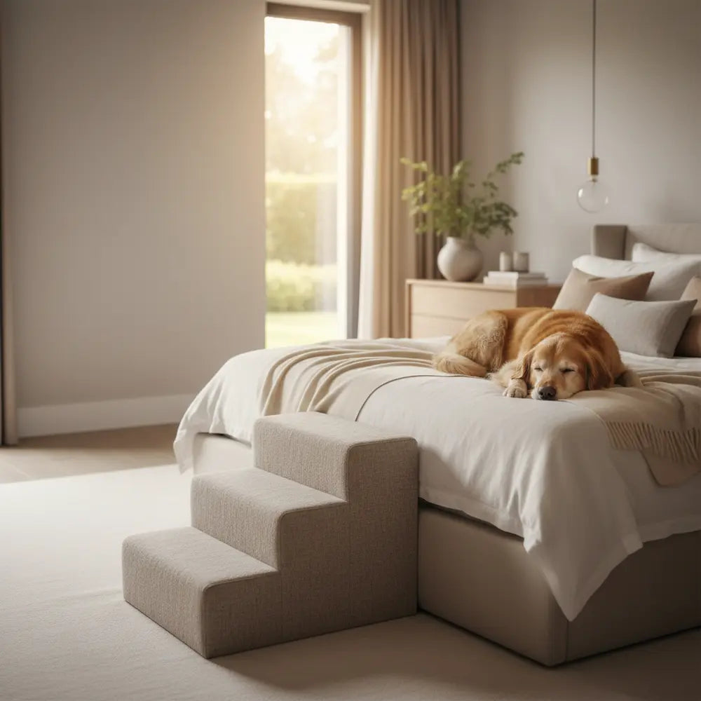 Golden retriever resting on a bed beside upholstered dog stairs
