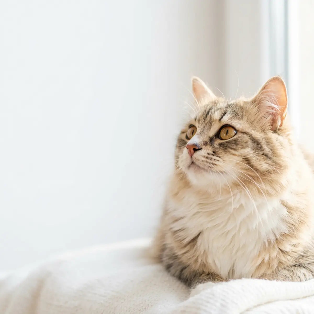 Tabby cat resting on a white blanket in a bright room