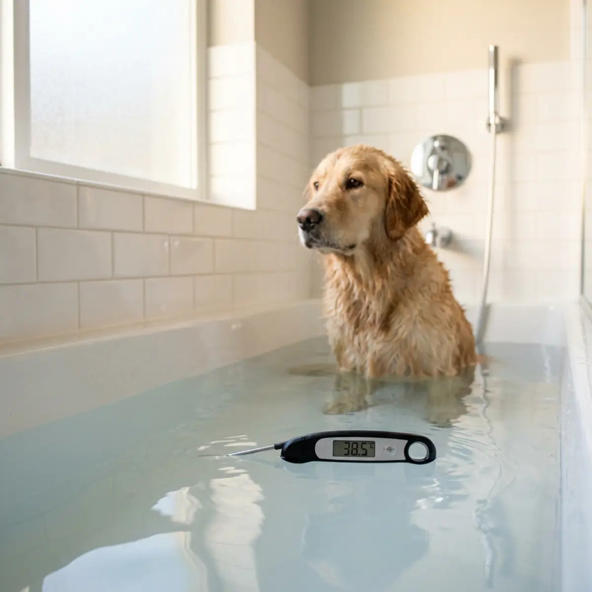 Golden retriever sitting in a bathtub beside a water thermometer