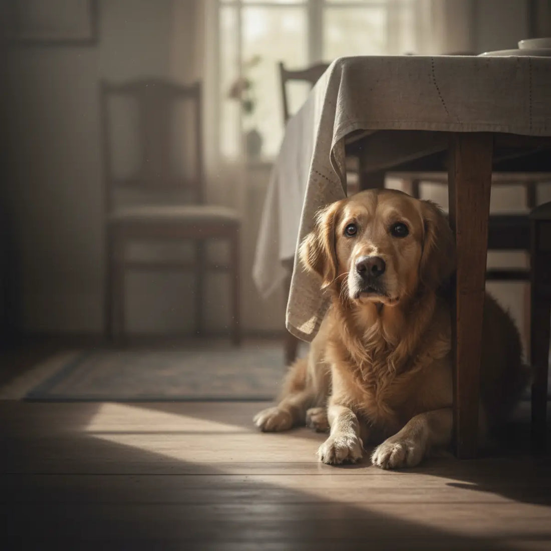 Golden retriever resting under a table and looking toward the camera