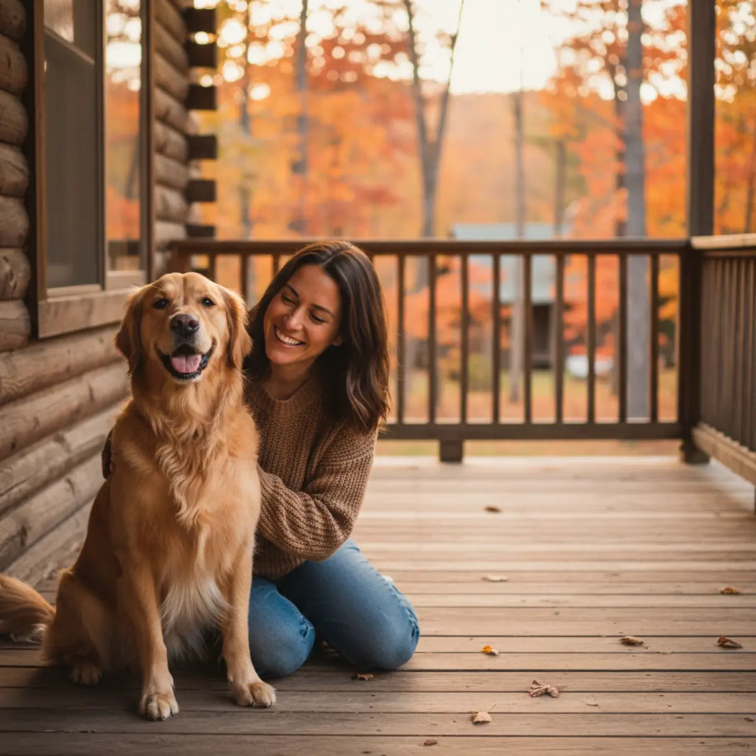 Golden Retriever sitzt mit einer Person auf einer Terrasse im Herbst