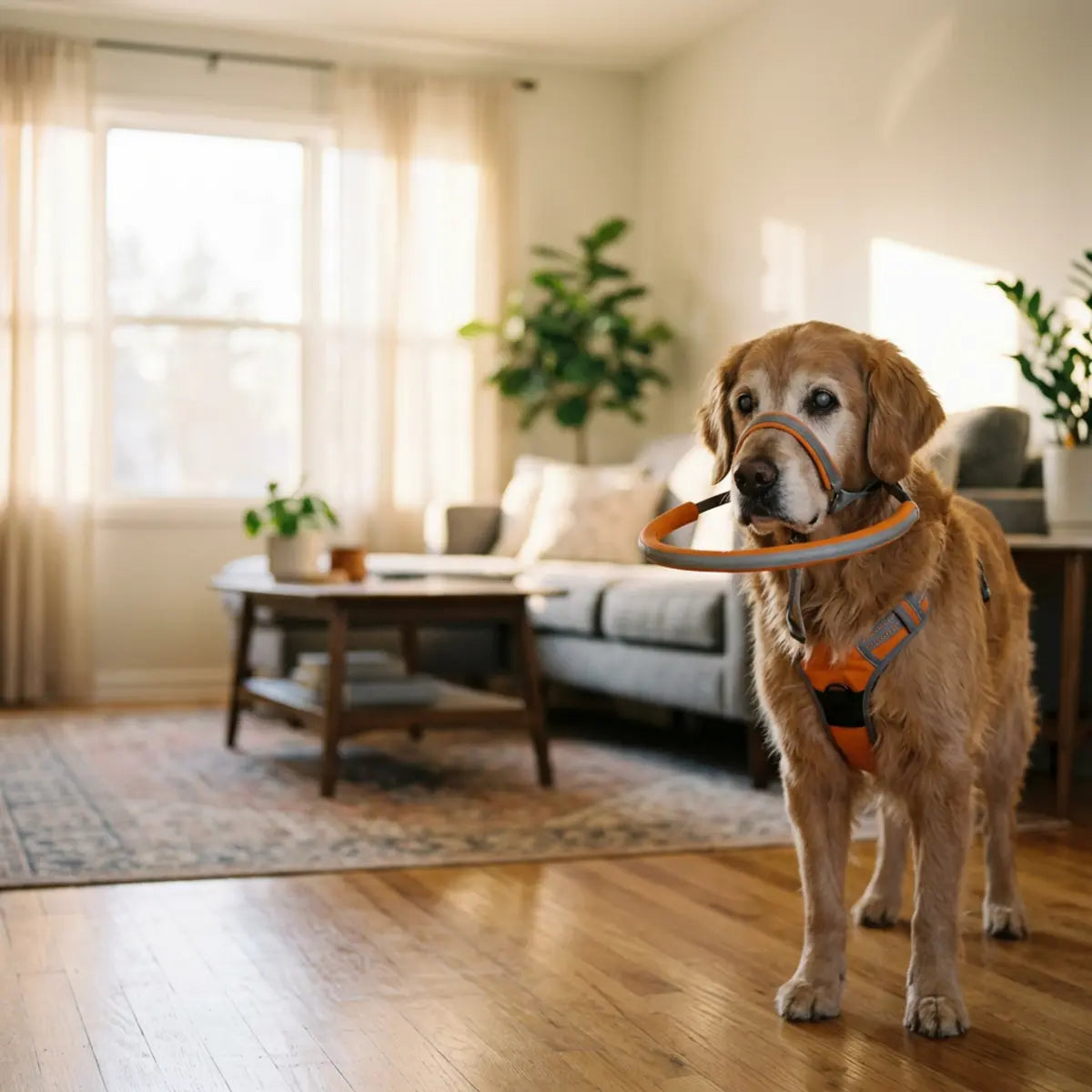 Senior dog wearing a halo-style harness in a calm home setting