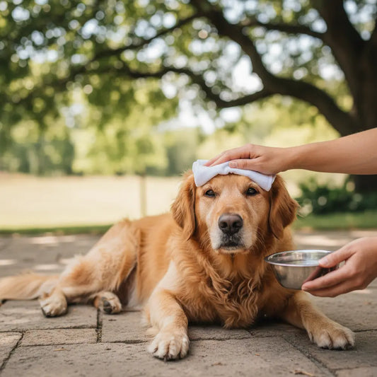 Golden retriever resting in shade with a cool cloth and water bowl