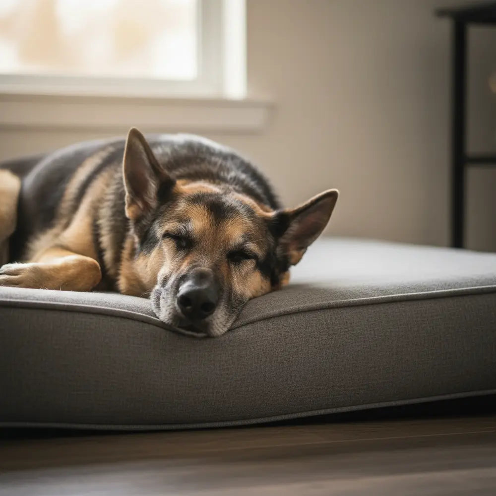 Pastor-alemão deitado numa cama ortopédica cinzenta para cães