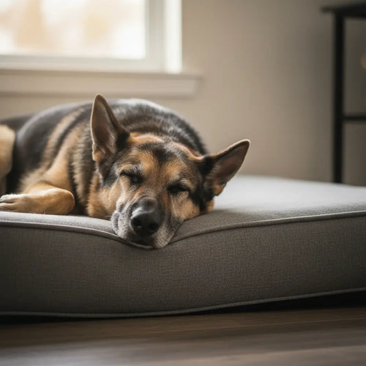 Deutscher Schäferhund ruht auf einem grauen orthopädischen Hundebett