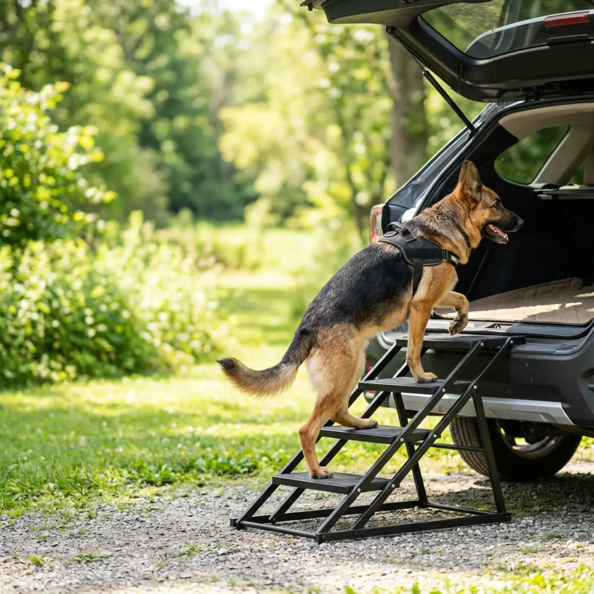German shepherd climbing folding stairs into an SUV