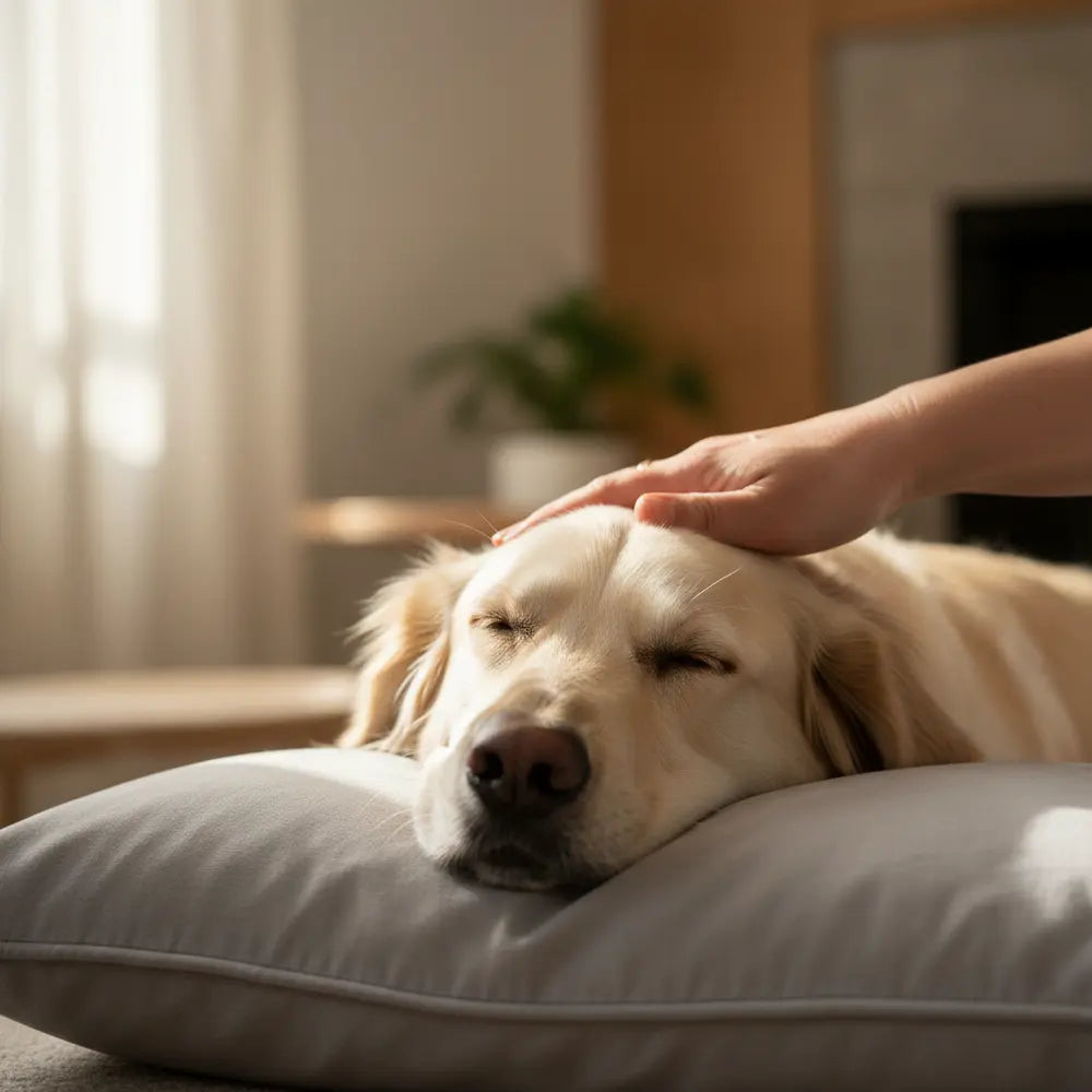 Golden dog resting with a person's hand on its head