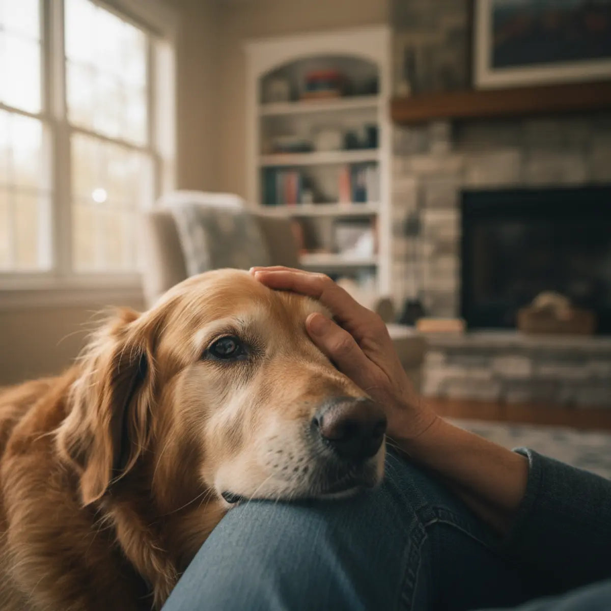 Golden retriever resting calmly with a person's hand at home