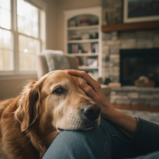 Golden Retriever ruht zu Hause entspannt unter der Hand einer Person
