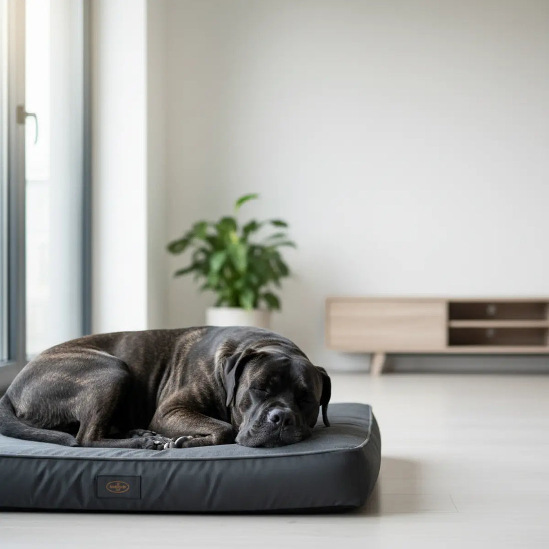 Large dog resting on a gray cushioned dog bed indoors