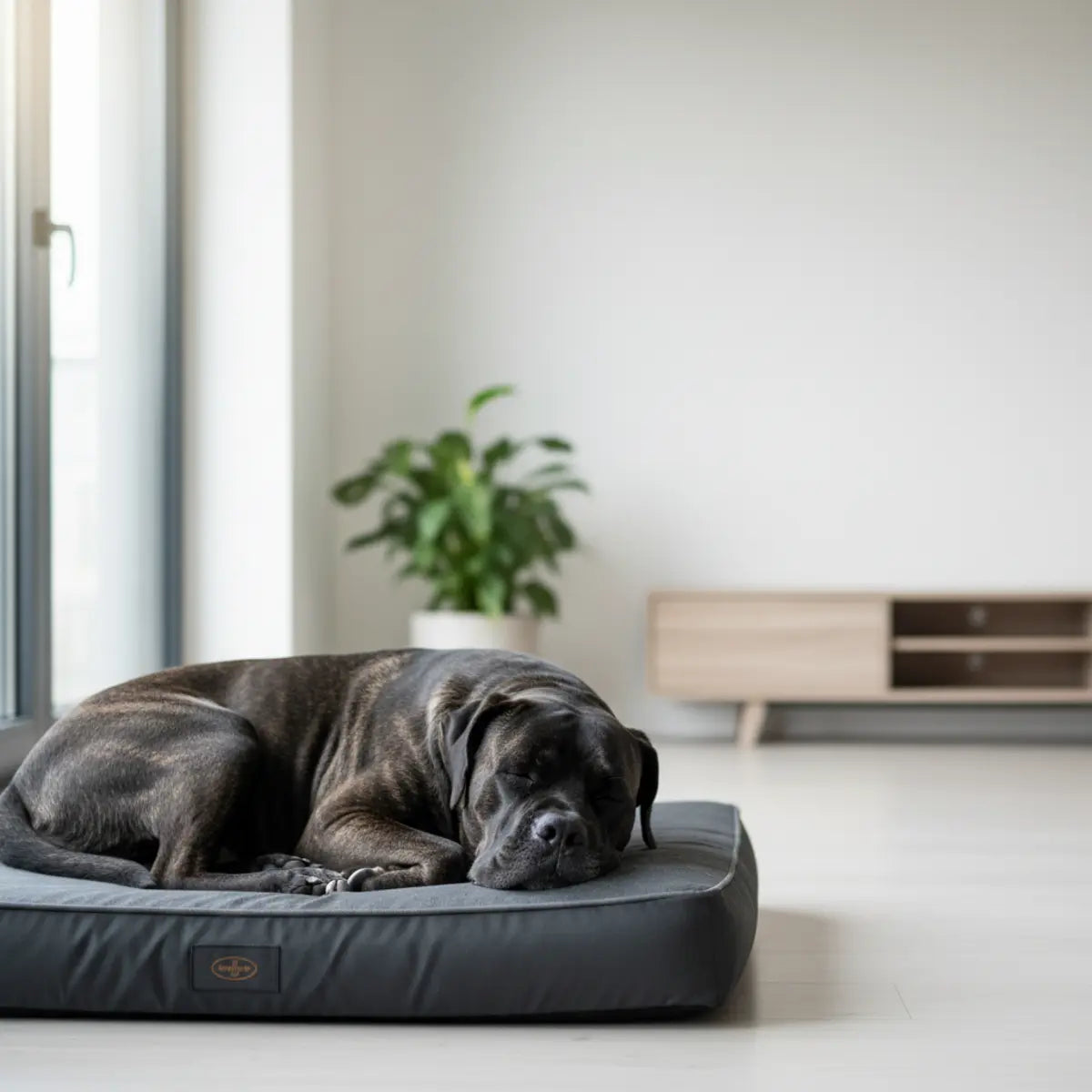 Cão de grande porte a descansar numa cama almofadada cinzenta, dentro de casa