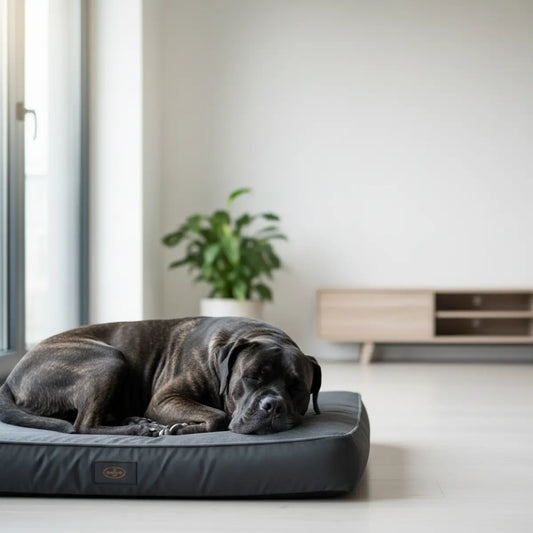 Großer Hund ruht in einem grauen gepolsterten Hundebett im Haus