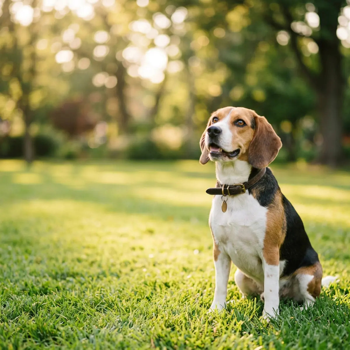 Beagle sitting on grass outdoors