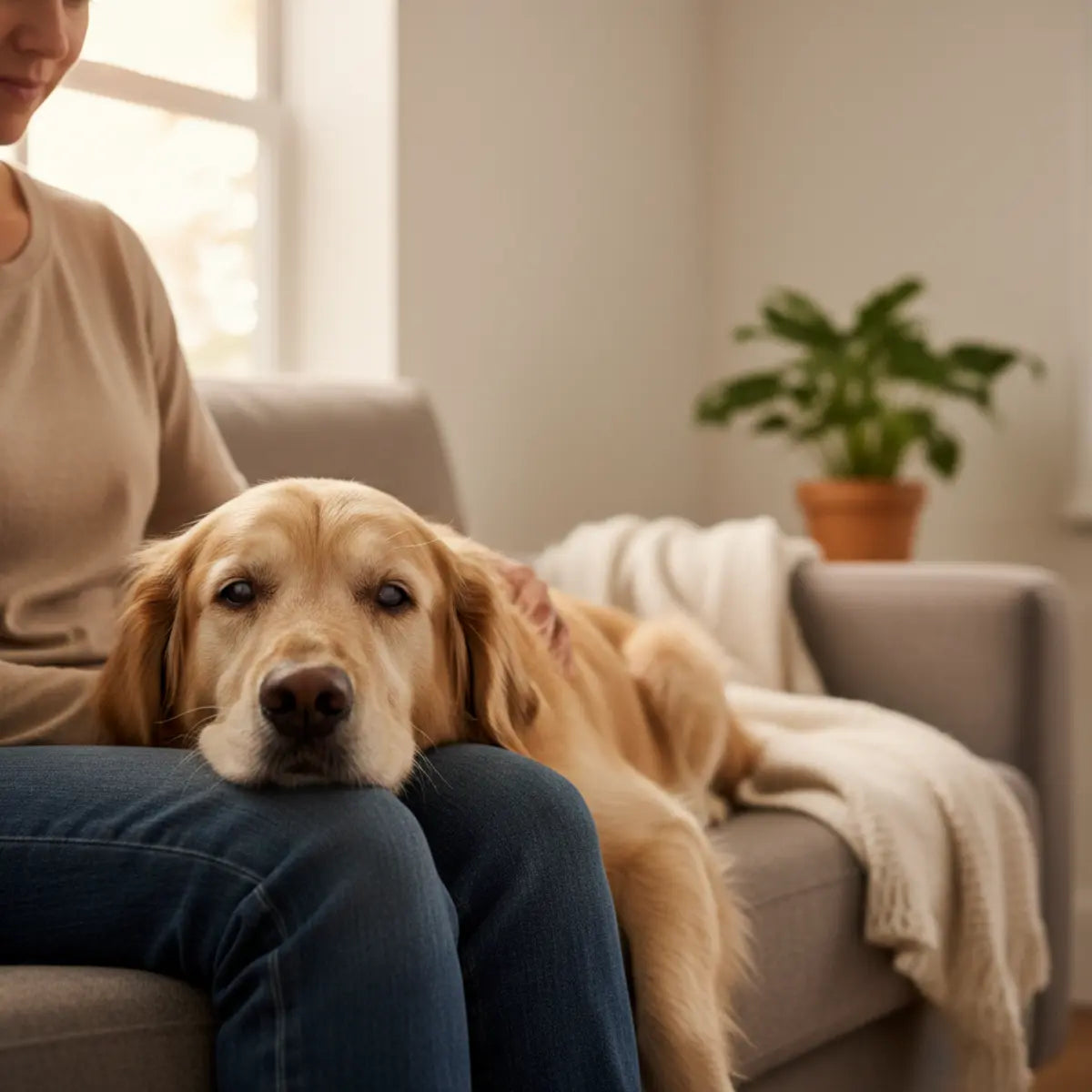 Golden retriever sdraiato accanto a una persona che se ne prende cura su un divano in un soggiorno luminoso