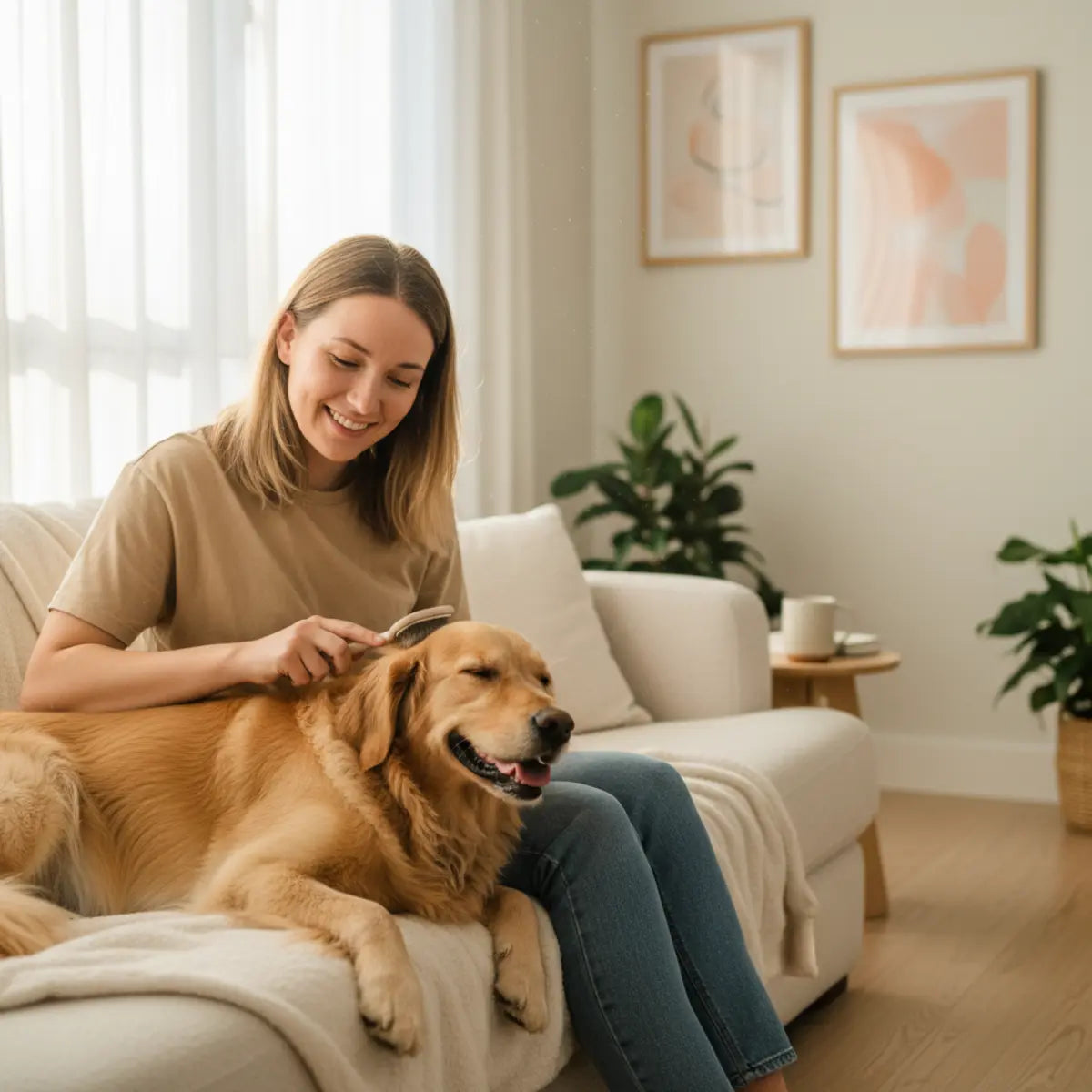 Pessoa a escovar delicadamente um cão dourado em casa