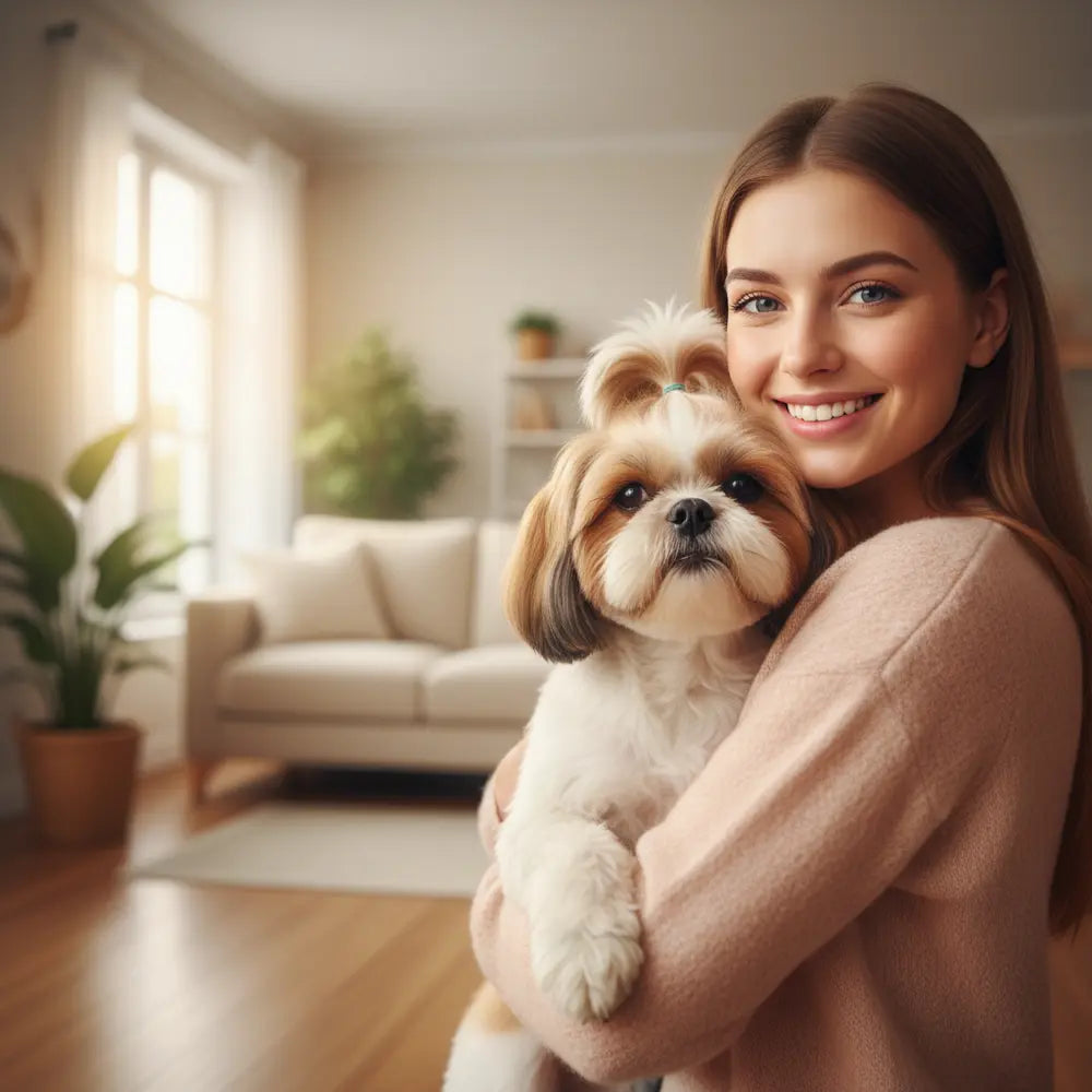 Shih Tzu being held by a caregiver in a bright home