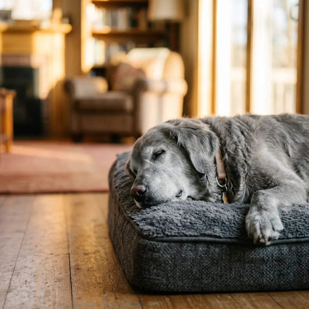 Senior dog resting on a cushioned bed in a quiet home