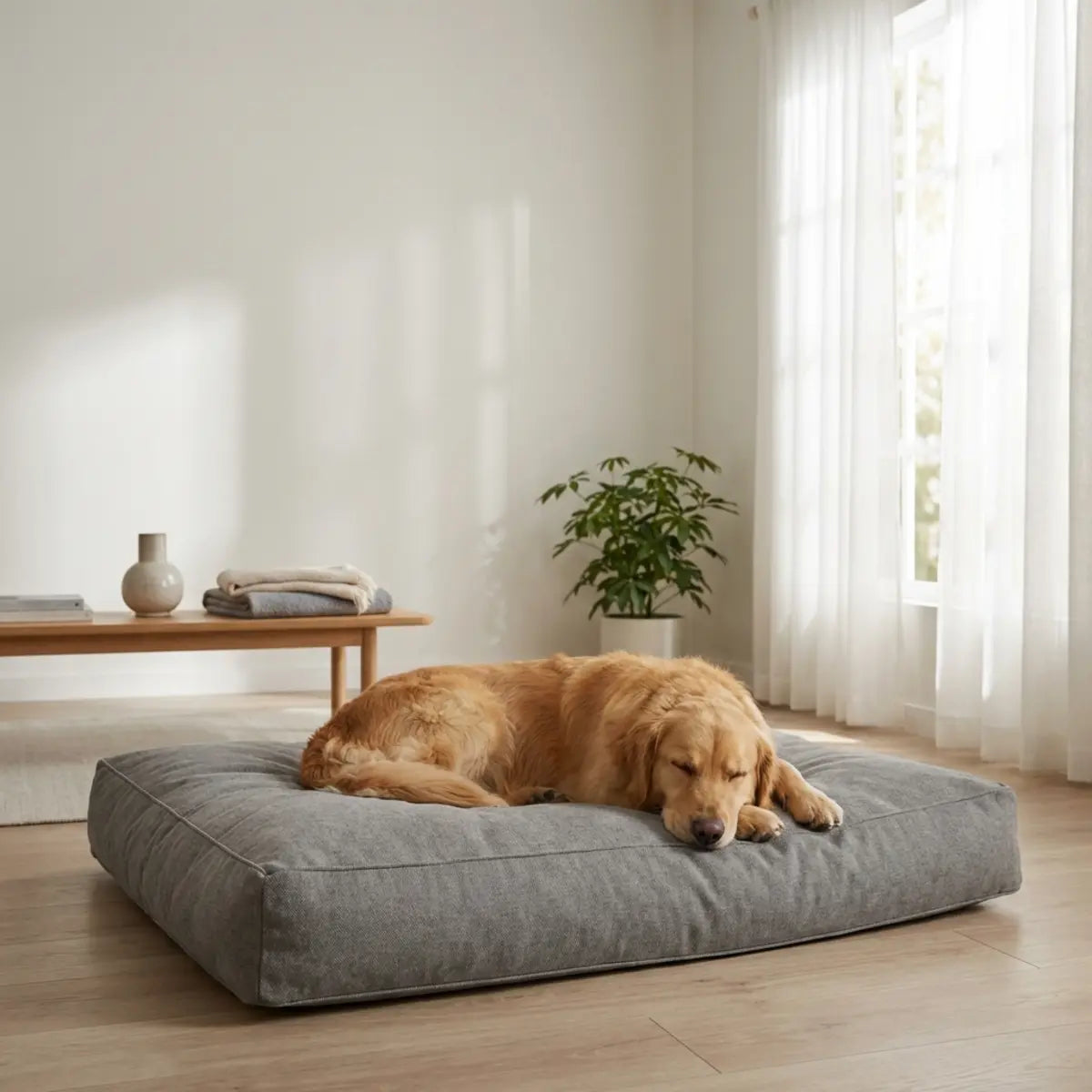 Golden Retriever sleeping on a gray rectangular dog bed indoors