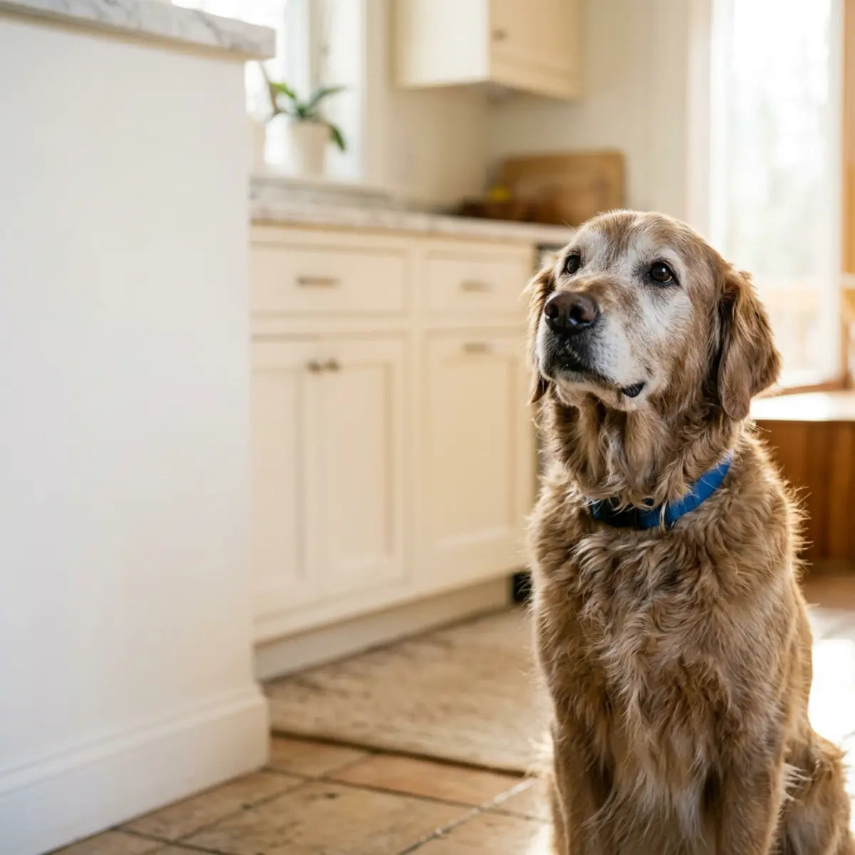 Senior golden retriever sitting near a kitchen counter
