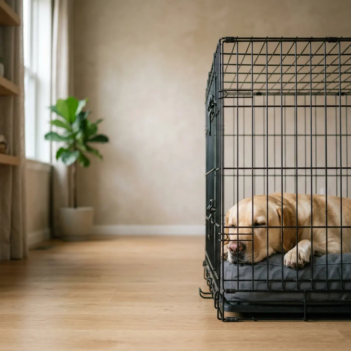 Golden retriever resting on a low-profile pad inside a wire crate