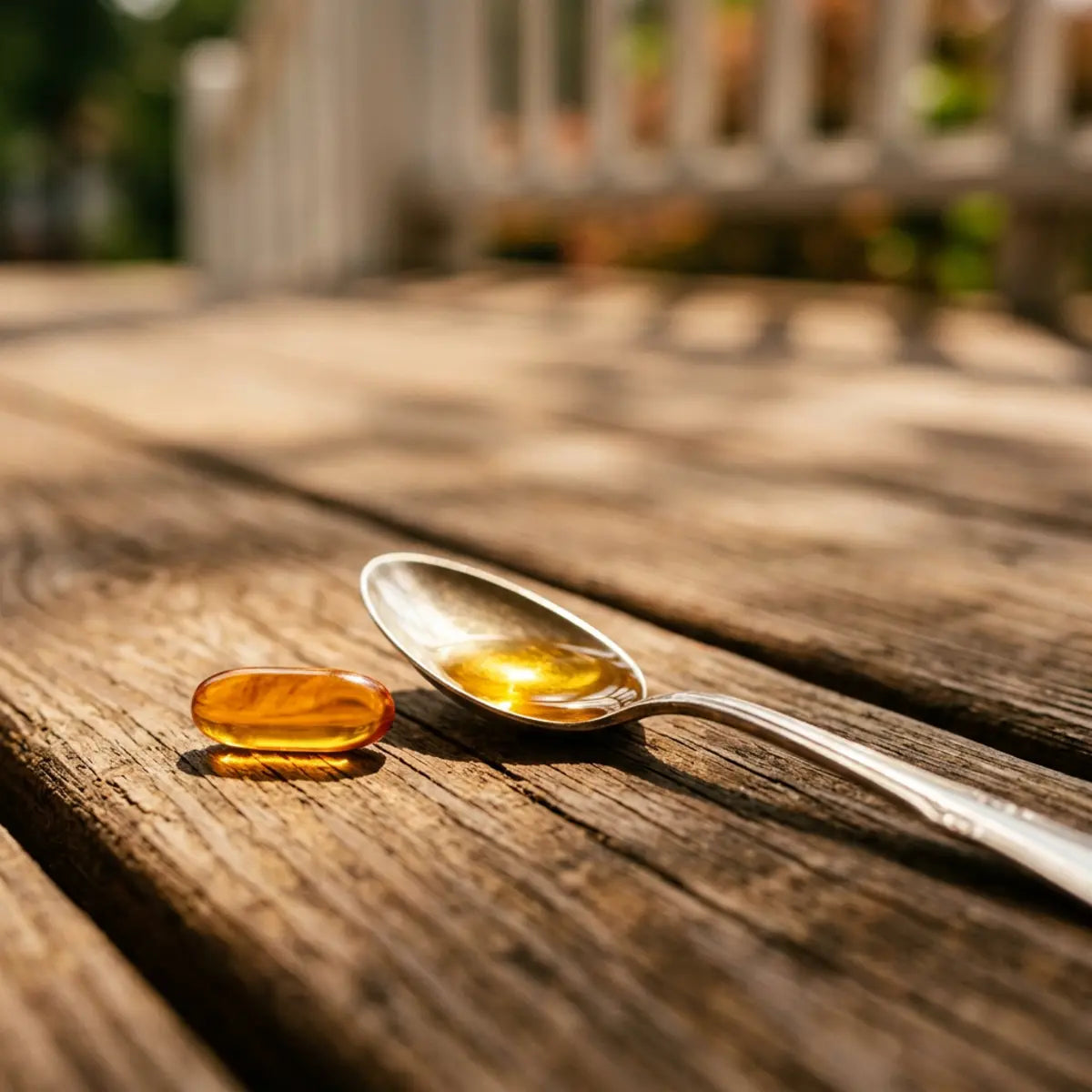 Fish oil and a soft gel shown beside a dog supplement bottle
