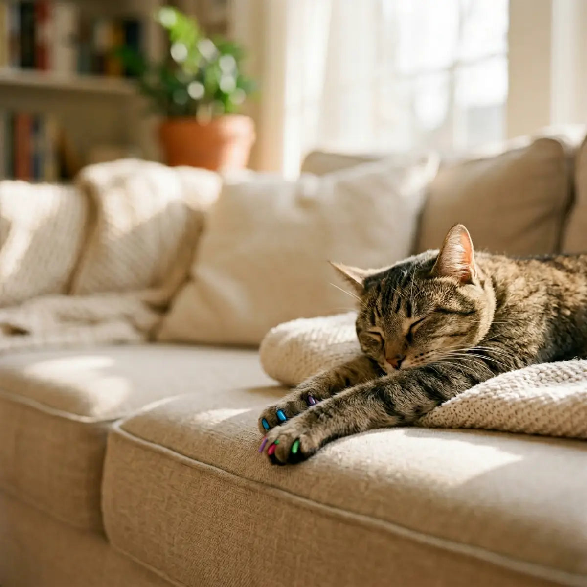 Katze auf einem Sofa mit bunten Krallenkappen an den Vorderpfoten