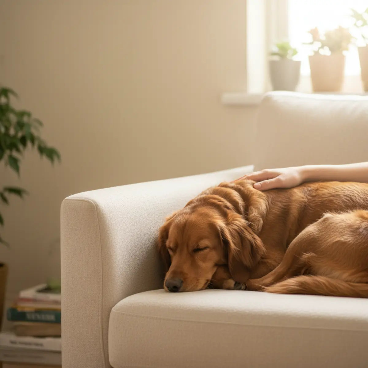 Dog resting on a sofa while an owner offers gentle comfort