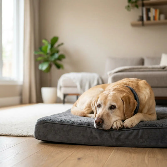 Dog resting during calm at-home mobility therapy.