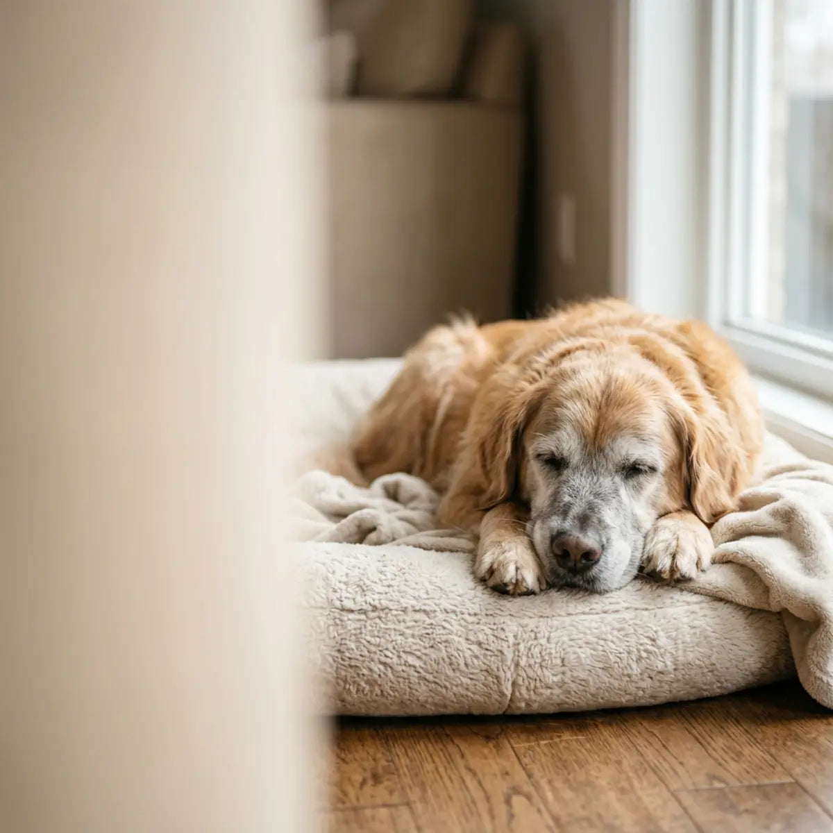 Senior golden retriever resting on a cushioned bed beside a bright window