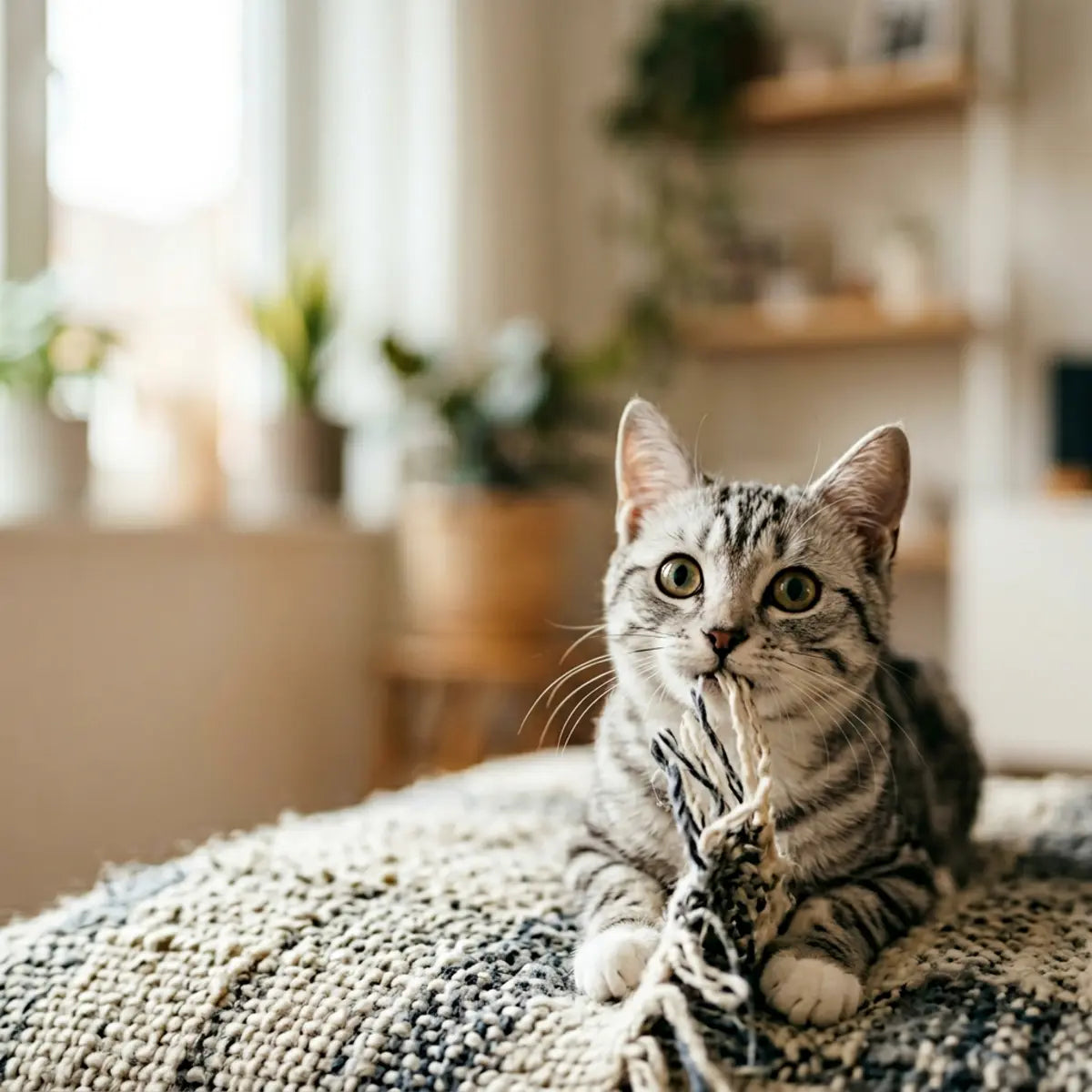 Tabby cat holding a frayed knitted blanket in its mouth