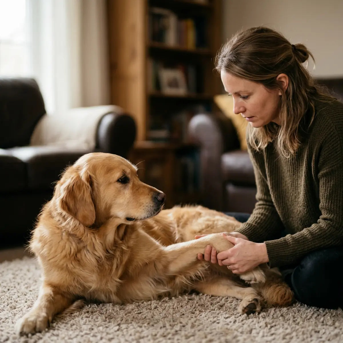Caregiver gently holding a golden retriever’s hind leg during a home check