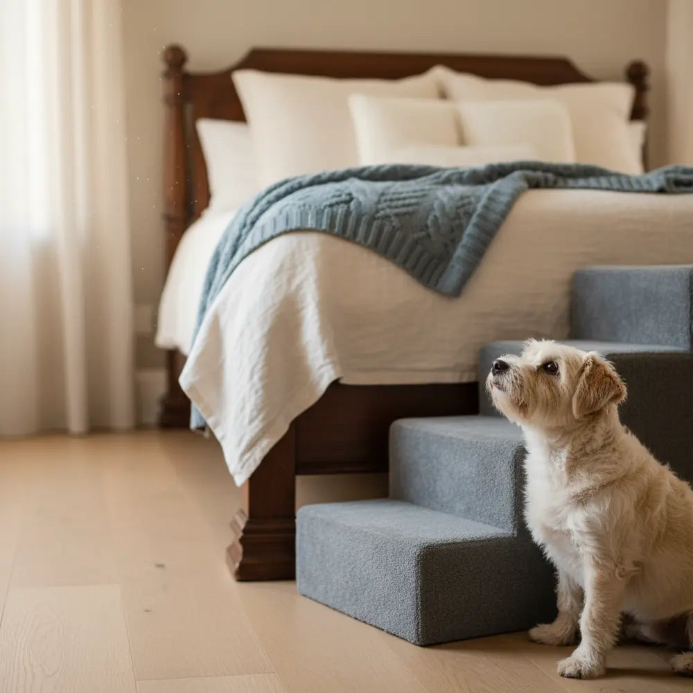 Small dog beside stairs leading to a high bed