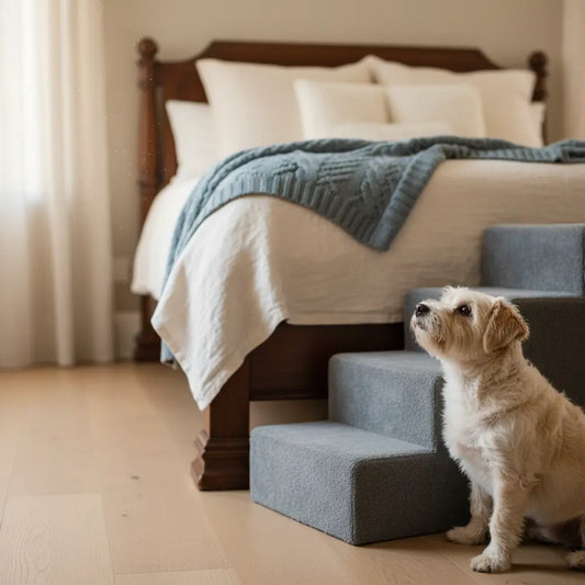 Kleiner Hund neben einer Treppe, die zu einem hohen Bett führt