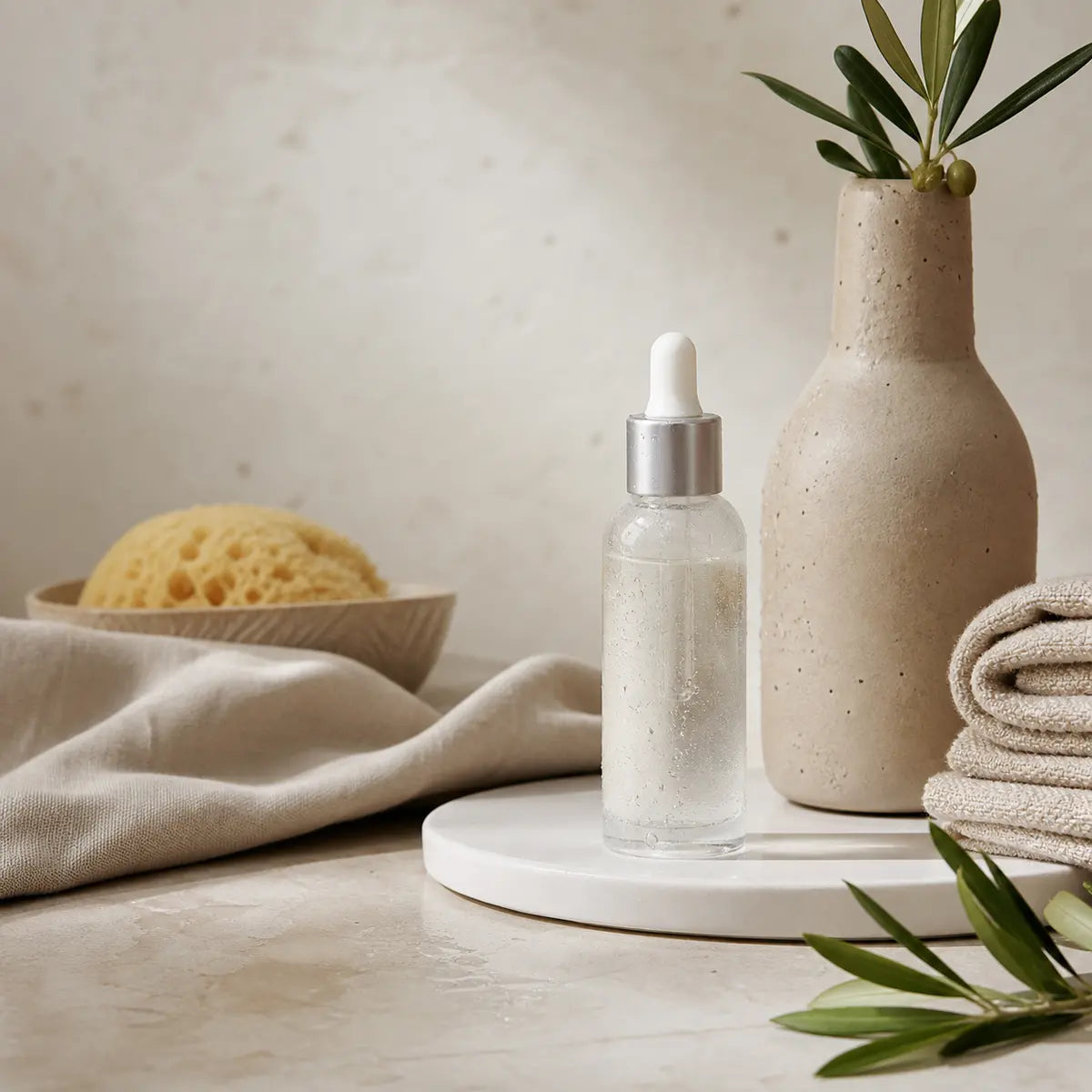 Clear dropper bottle beside a sponge, folded towel, and ceramic vase