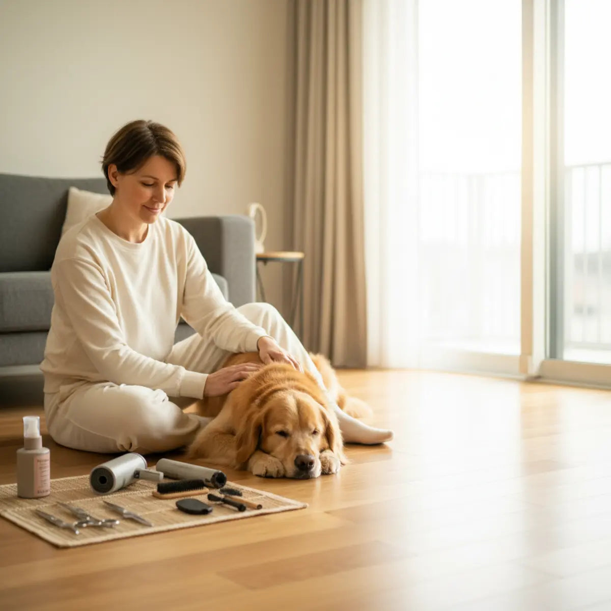 Pessoa a tratar do pelo de um cão dourado em casa
